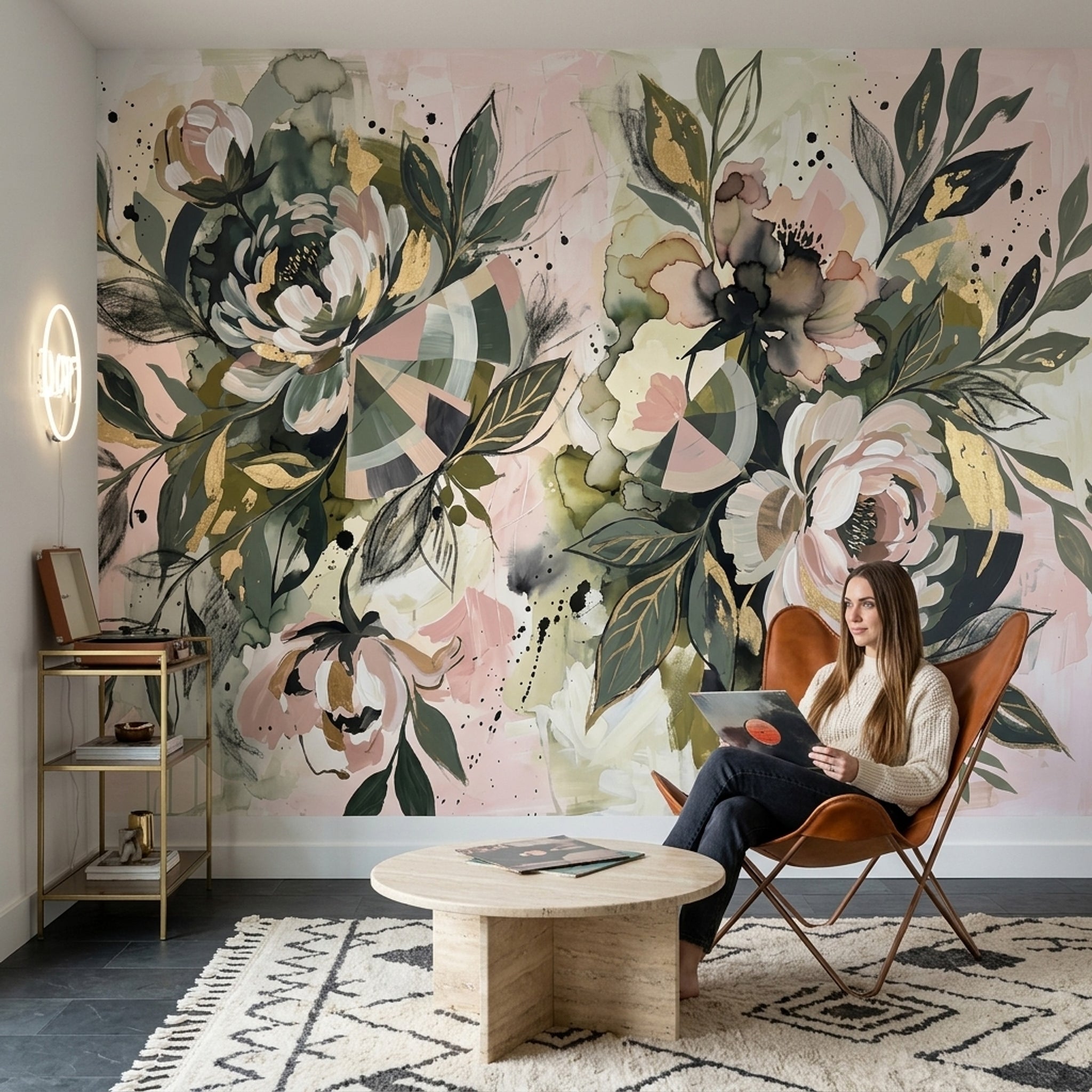 Suluboya Çiçekli Poster Duvar Kağıdı Yeşil Pudra Yatak Odası