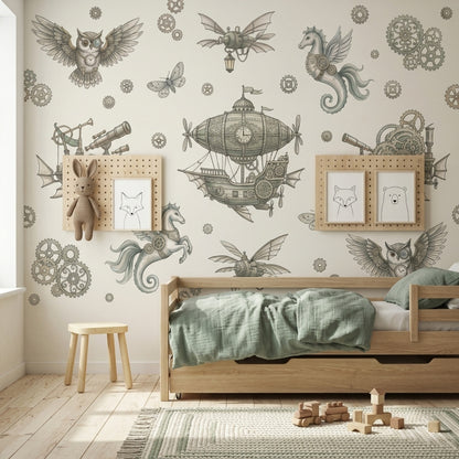 Steampunk Uçan Gemili Poster Duvar Kağıdı Gri Çocuk Odası
