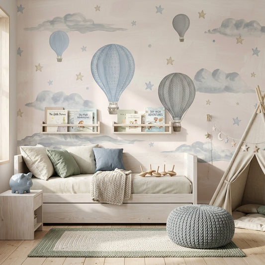 Uçan Balonlu Poster Duvar Kağıdı Mavi Bulutlu Bebek Odası