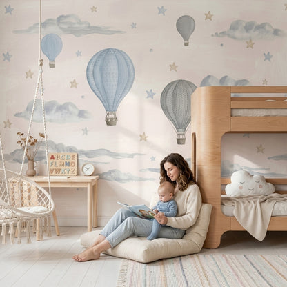 Uçan Balonlu Poster Duvar Kağıdı Mavi Bulutlu Bebek Odası