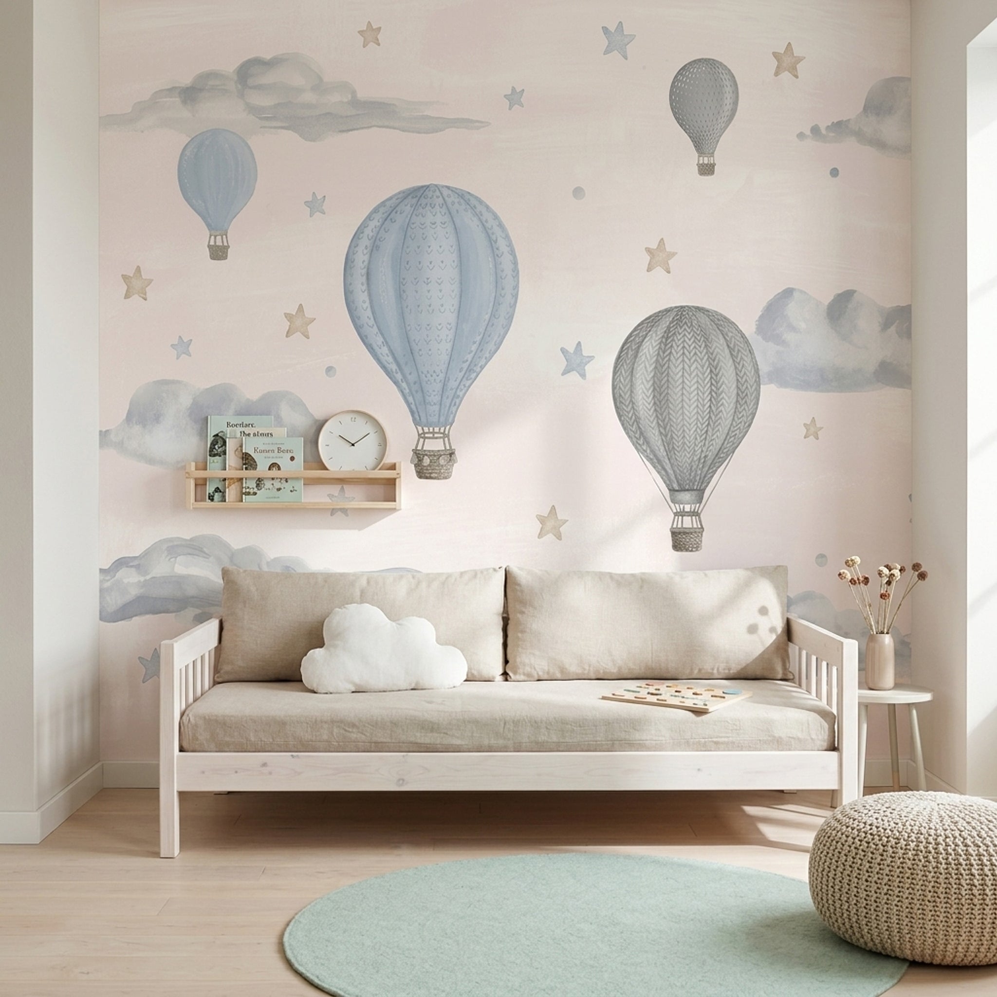 Uçan Balonlu Poster Duvar Kağıdı Mavi Bulutlu Bebek Odası
