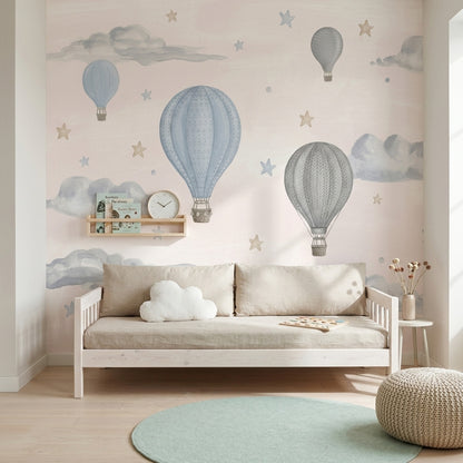 Uçan Balonlu Poster Duvar Kağıdı Mavi Bulutlu Bebek Odası