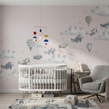 Uçaklı Bulutlu Poster Duvar Kağıdı Pastel Çocuk Odası