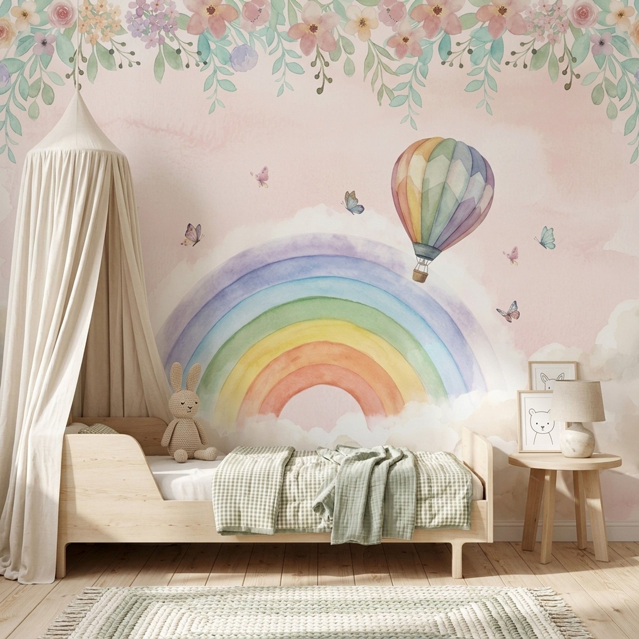Gökkuşağı ve Balonlu Poster Duvar Kağıdı Çocuk Odası Pastel