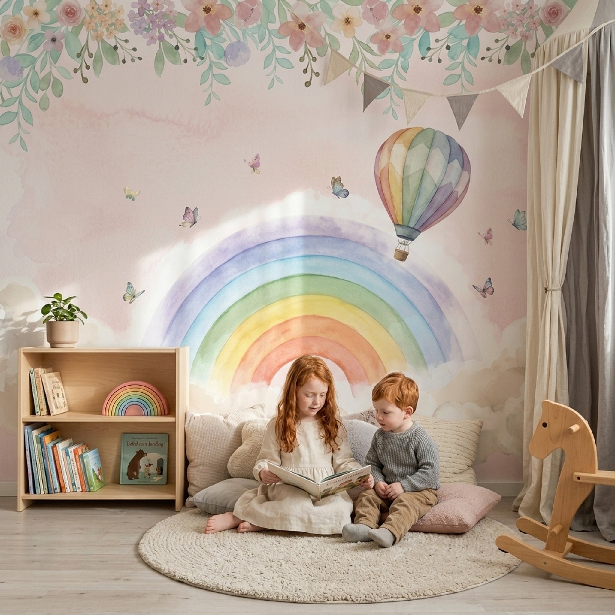 Gökkuşağı ve Balonlu Poster Duvar Kağıdı Çocuk Odası Pastel