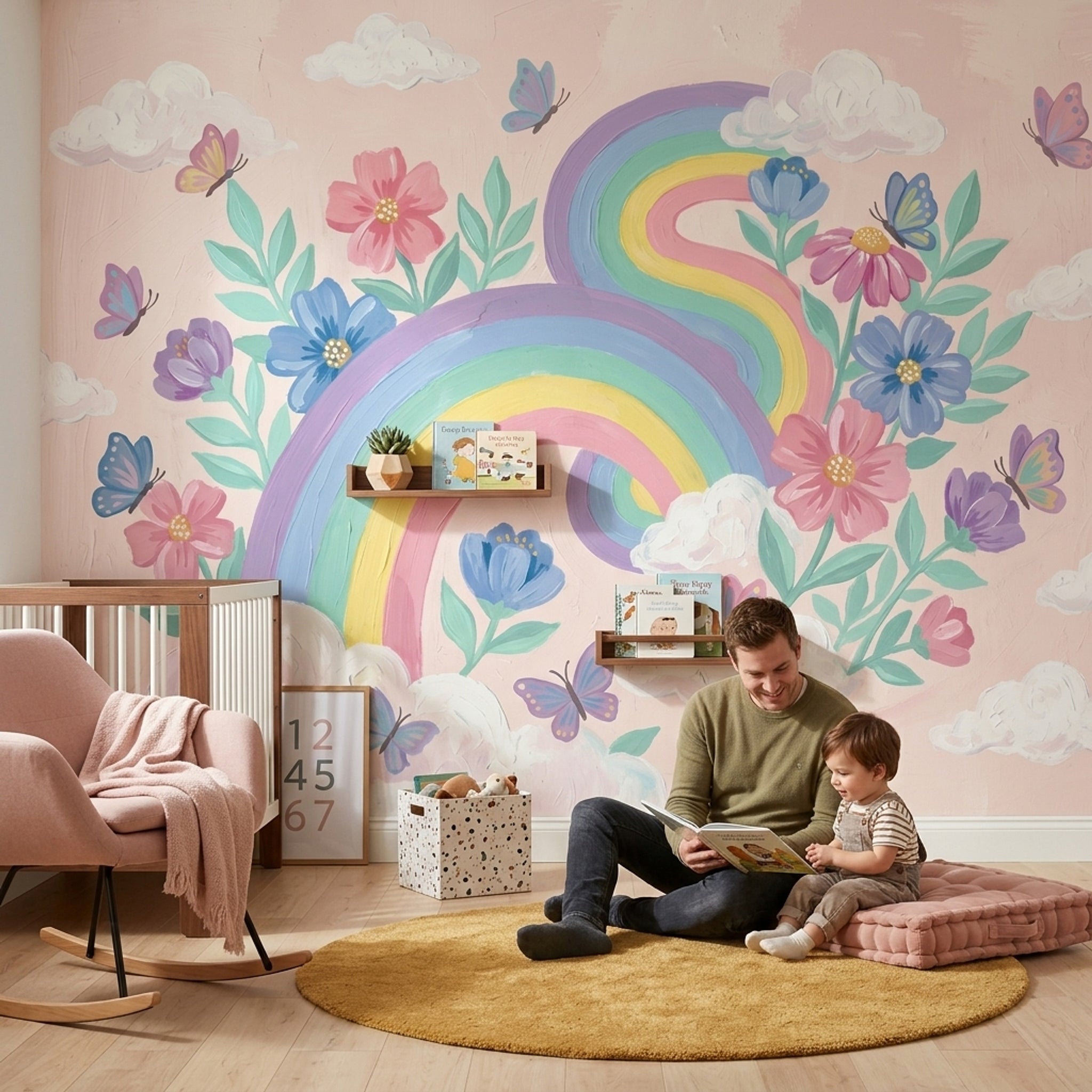 Gökkuşağı ve Kelebekli Poster Duvar Kağıdı Pastel Bebek Odası