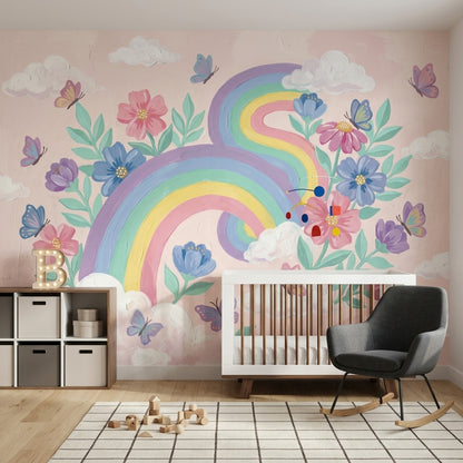 Gökkuşağı ve Kelebekli Poster Duvar Kağıdı Pastel Bebek Odası