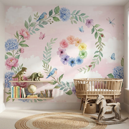 Pastel Çiçekli Kuşlu Poster Duvar Kağıdı Pembe Çocuk Odası