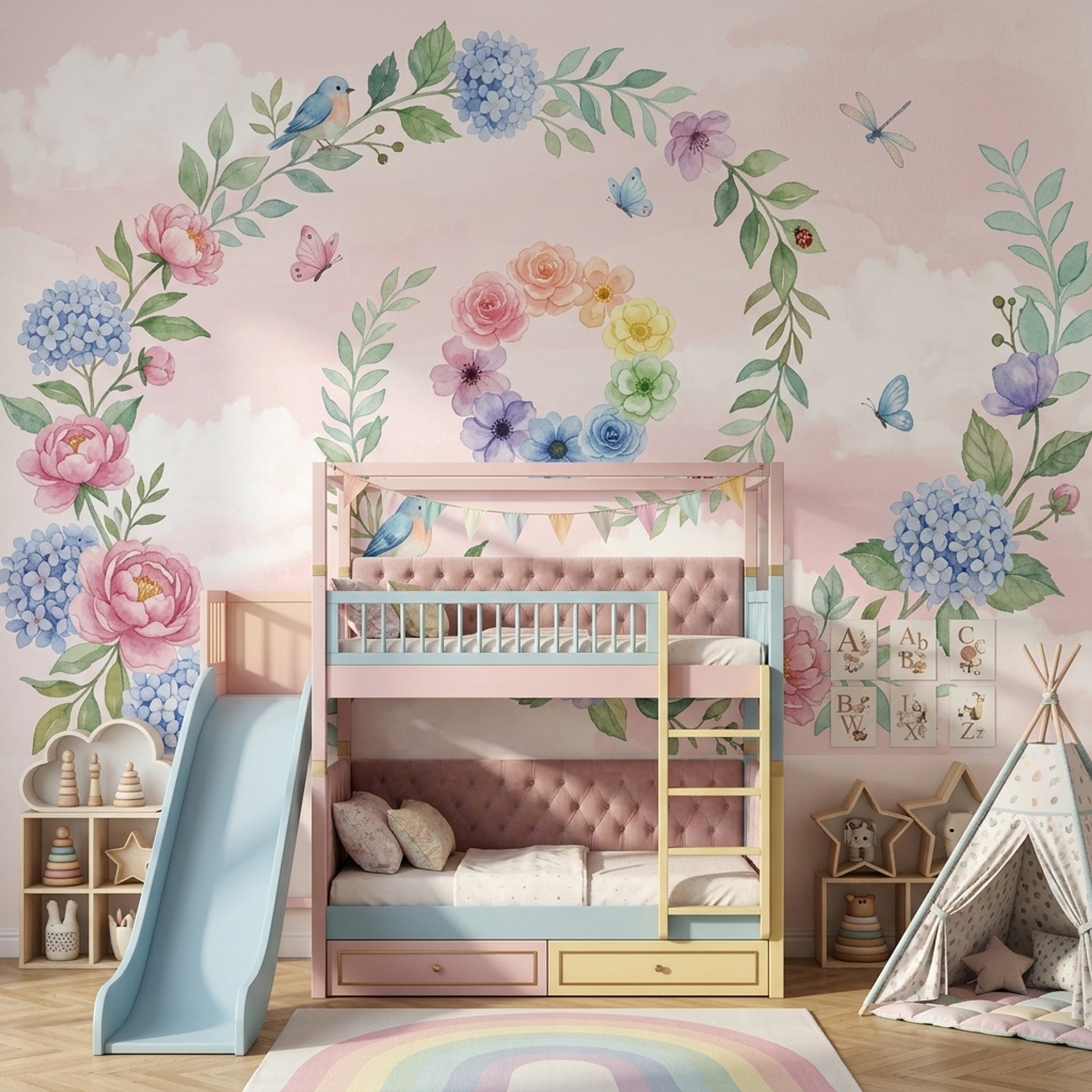 Pastel Çiçekli Kuşlu Poster Duvar Kağıdı Pembe Çocuk Odası
