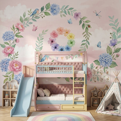Pastel Çiçekli Kuşlu Poster Duvar Kağıdı Pembe Çocuk Odası