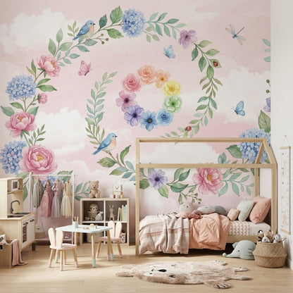 Pastel Çiçekli Kuşlu Poster Duvar Kağıdı Pembe Çocuk Odası