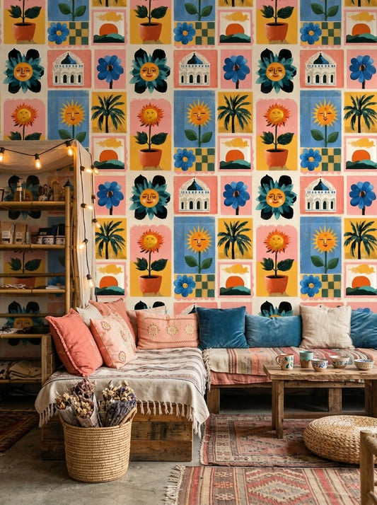 Retro İllüstrasyonlu Duvar Kağıdı Renkli Kare Desenli Salon