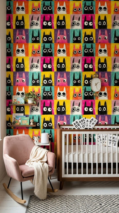 Renkli Kedili Duvar Kağıdı Çocuk Odası Kare Desen