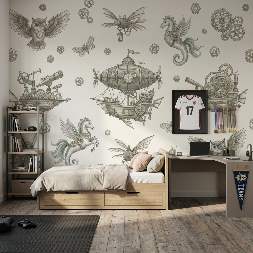 Steampunk Uçan Gemili Poster Duvar Kağıdı Gri Çocuk Odası