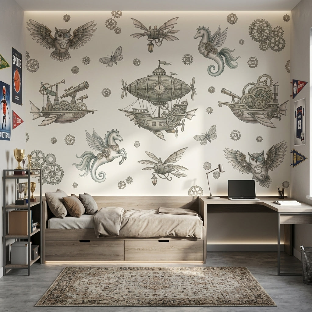 Steampunk Uçan Gemili Poster Duvar Kağıdı Gri Çocuk Odası