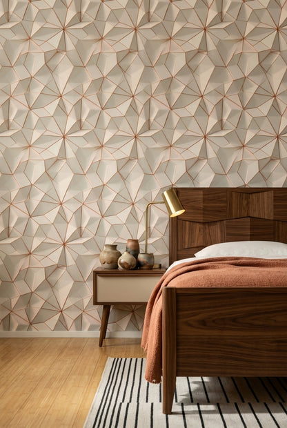 3 Boyutlu Geometrik Duvar Kağıdı Bej Bakır Çizgili Salon