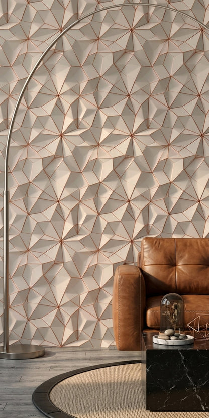 3 Boyutlu Geometrik Duvar Kağıdı Bej Bakır Çizgili Salon