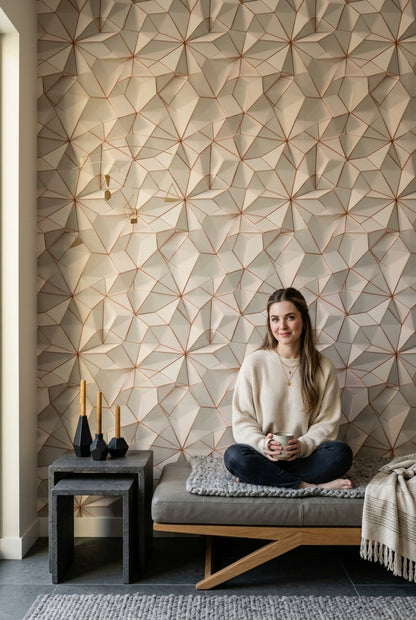 3 Boyutlu Geometrik Duvar Kağıdı Bej Bakır Çizgili Salon