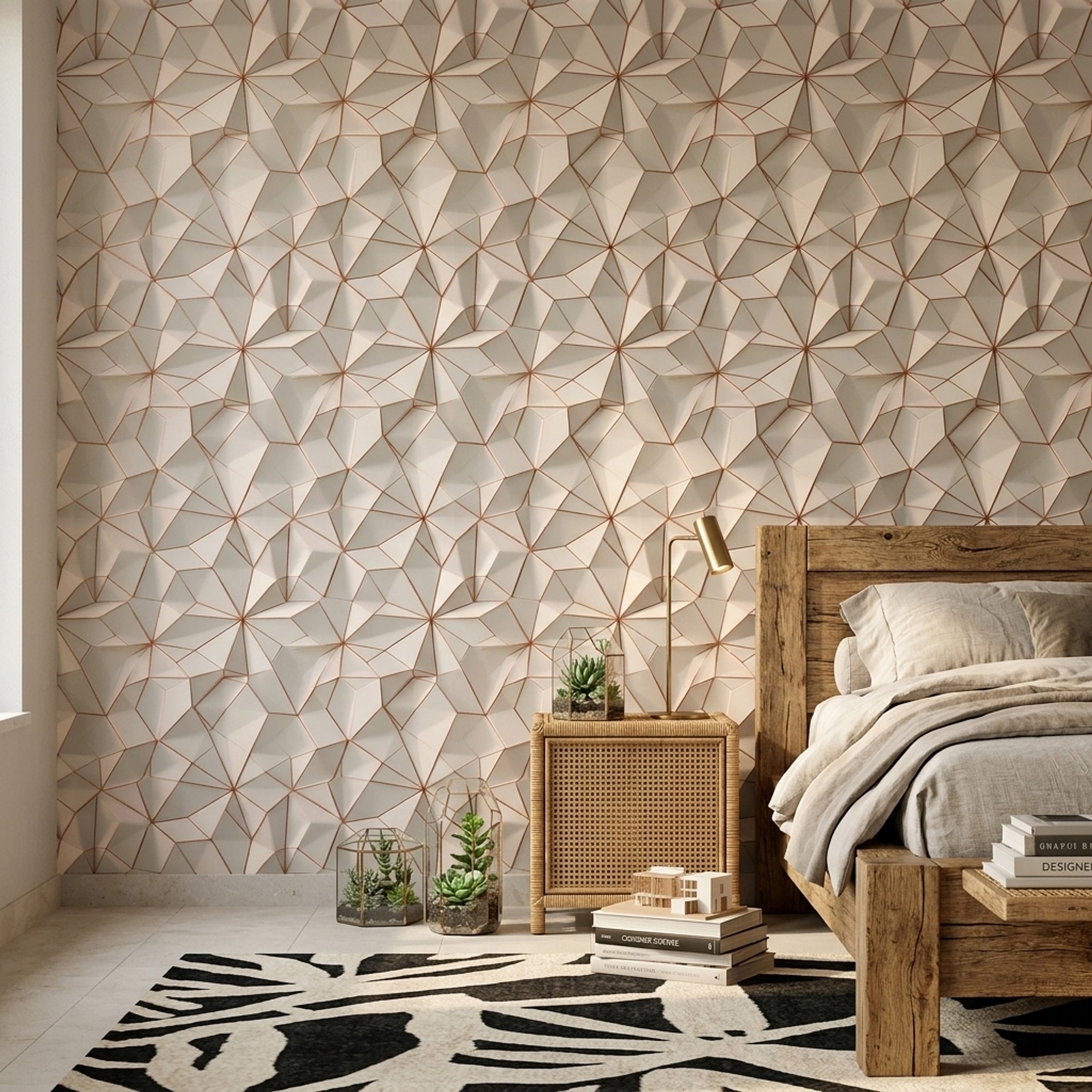 3 Boyutlu Geometrik Duvar Kağıdı Bej Bakır Çizgili Salon