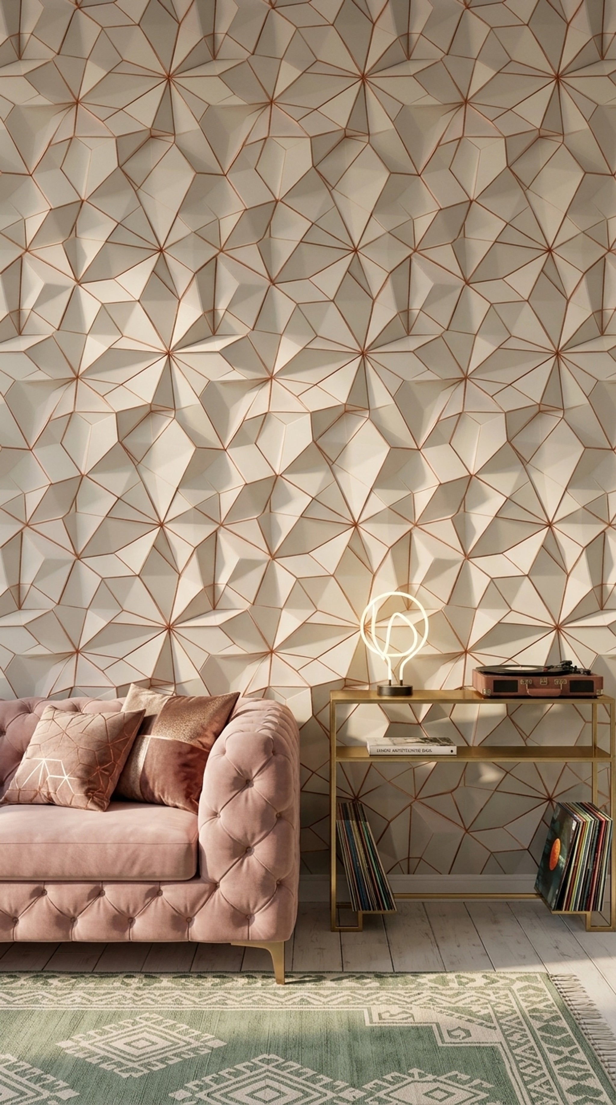 3 Boyutlu Geometrik Duvar Kağıdı Bej Bakır Çizgili Salon