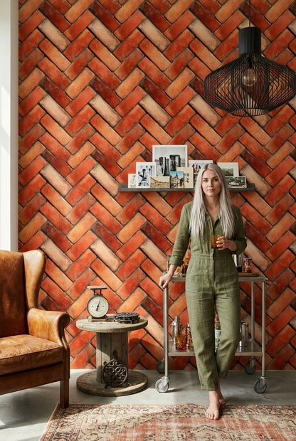 Tuğla Görünümlü Balıksırtı Duvar Kağıdı Kiremit Rengi Salon