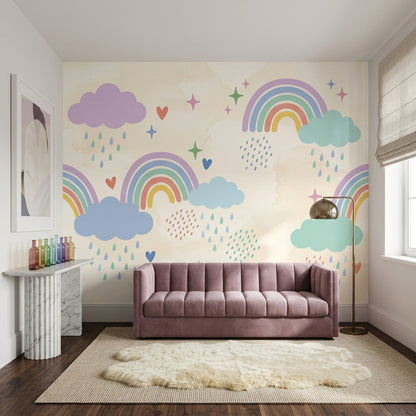 Pastel Gökkuşağı Poster Duvar Kağıdı Bulutlu Çocuk Odası