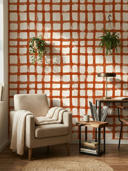 Turuncu Kareli Duvar Kağıdı Modern Salon Duvar Dekoru