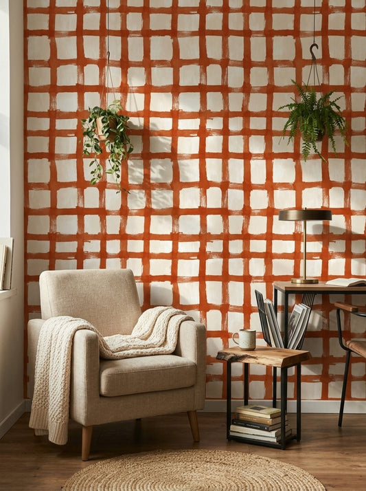Turuncu Kareli Duvar Kağıdı Modern Salon Duvar Dekoru
