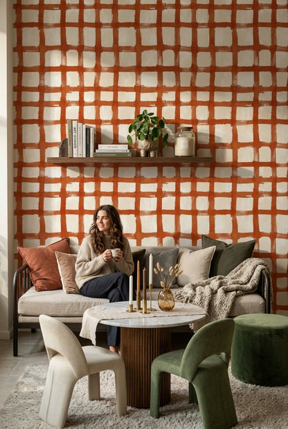 Turuncu Kareli Duvar Kağıdı Modern Salon Duvar Dekoru
