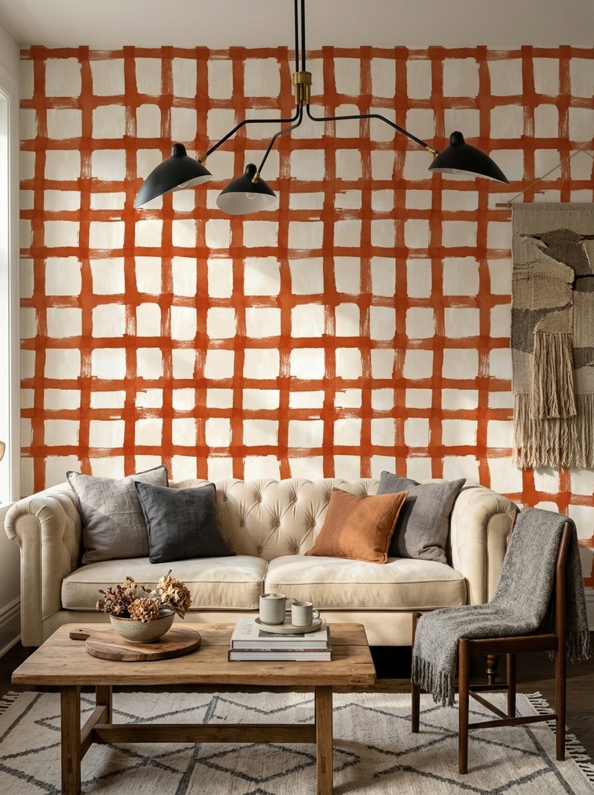 Turuncu Kareli Duvar Kağıdı Modern Salon Duvar Dekoru