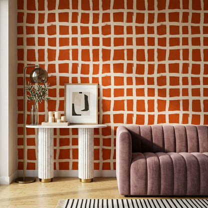 Turuncu Kareli Duvar Kağıdı Modern Geometrik Salon Duvarı