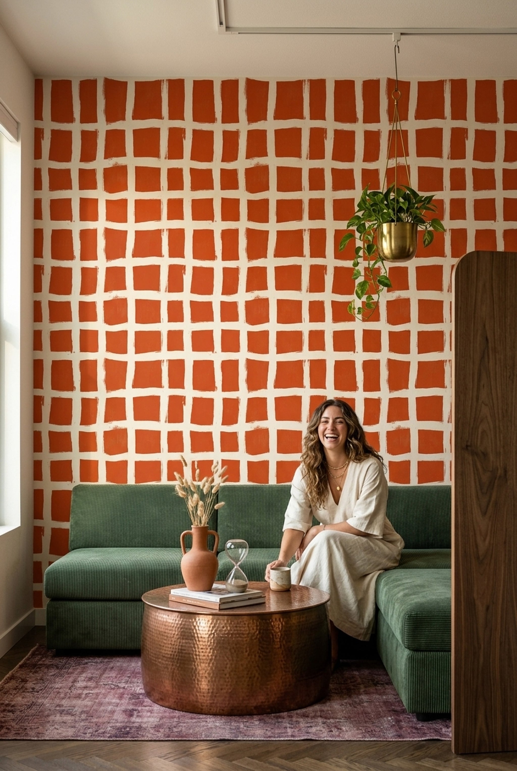 Turuncu Kareli Duvar Kağıdı Modern Geometrik Salon Duvarı