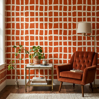 Turuncu Kareli Duvar Kağıdı Modern Geometrik Salon Duvarı