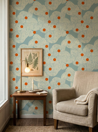 Retro Dalga Desenli Duvar Kağıdı Turkuaz Turuncu Noktalı Salon