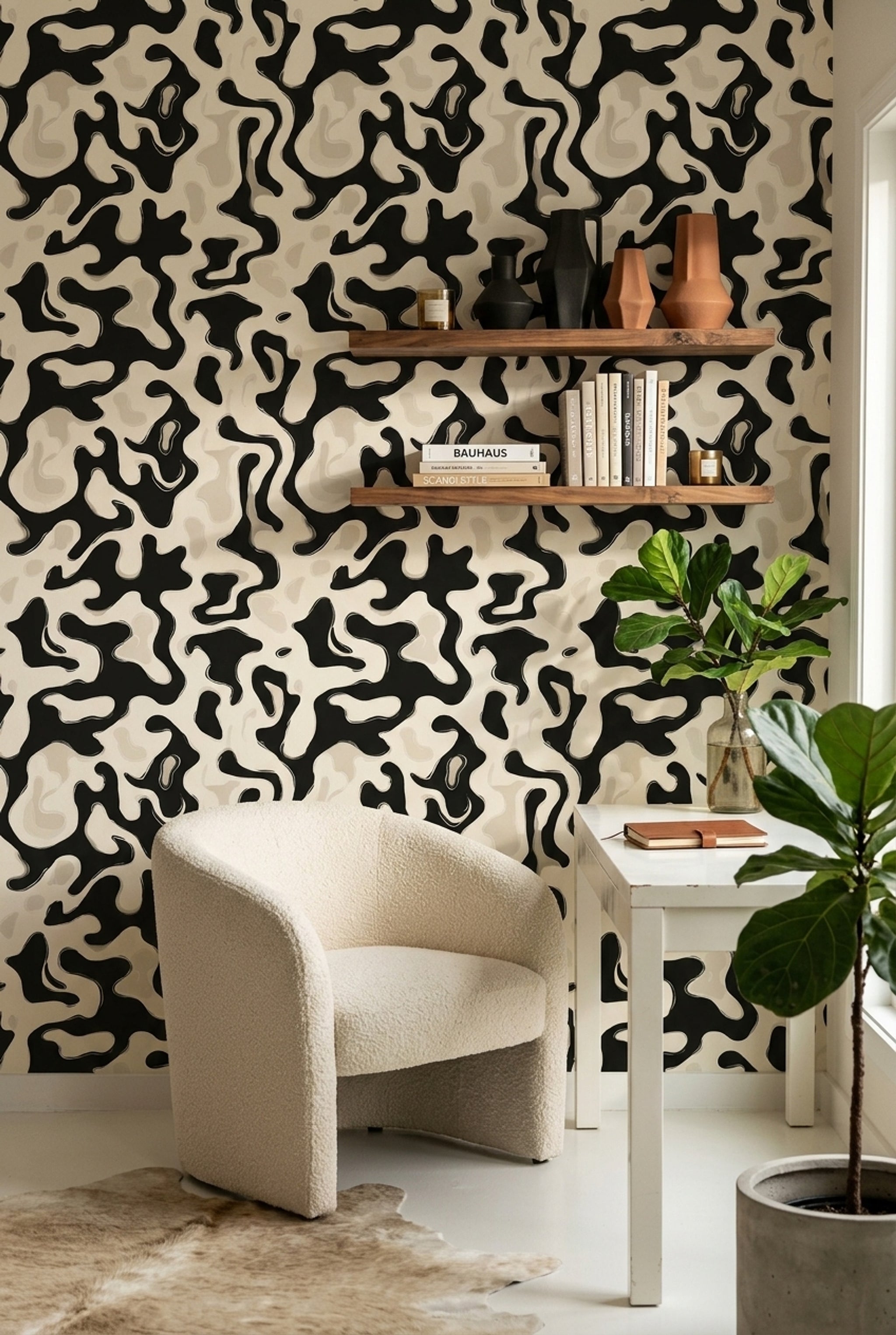 Soyut Kamuflaj Desenli Duvar Kağıdı Siyah Bej Salon
