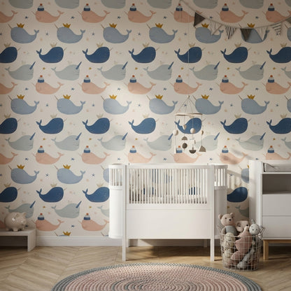 Balina Desenli Duvar Kağıdı Pastel Mavi Bebek Odası