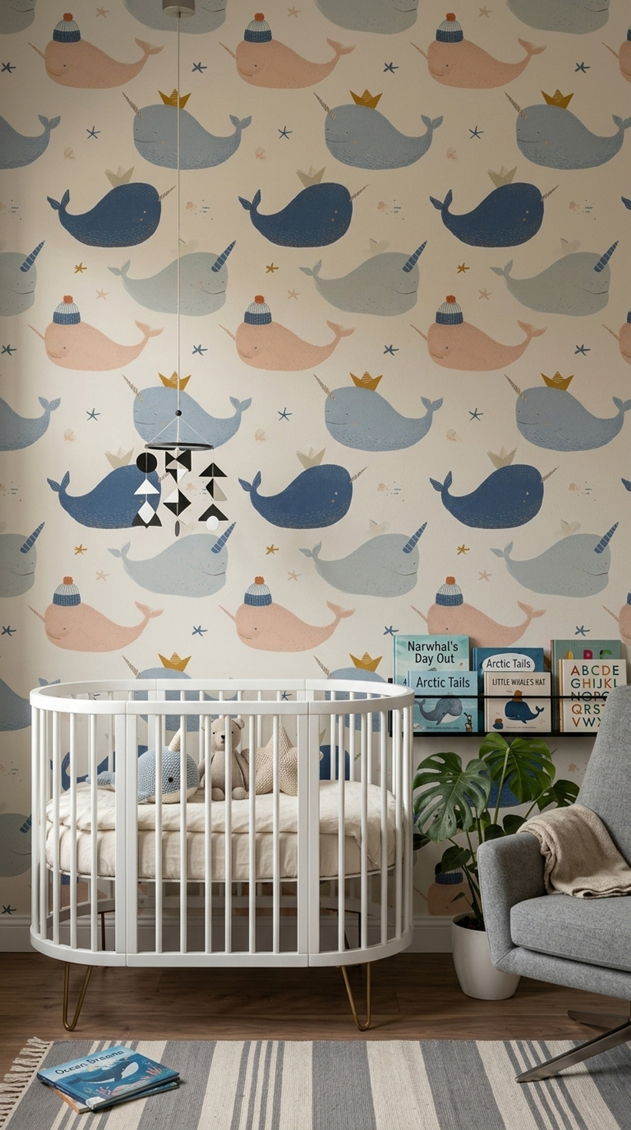 Balina Desenli Duvar Kağıdı Pastel Mavi Bebek Odası