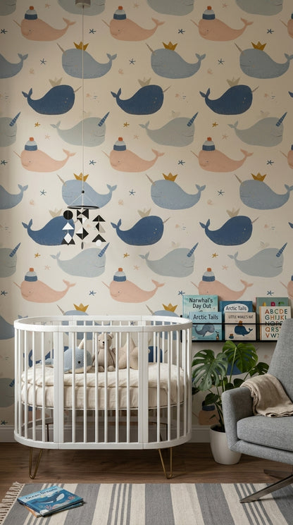 Balina Desenli Duvar Kağıdı Pastel Mavi Bebek Odası