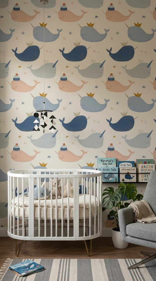 Balina Desenli Duvar Kağıdı Pastel Mavi Bebek Odası