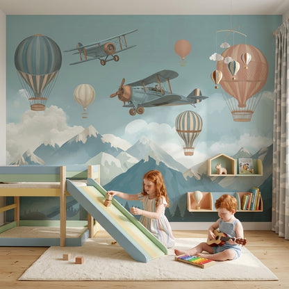 Uçak ve Sıcak Hava Balonlu Poster Duvar Kağıdı Bebek Odası