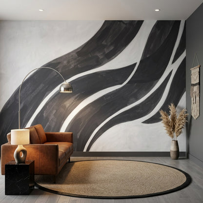 Siyah Beyaz Dalgalı Çizgili Poster Duvar Kağıdı Modern Salon