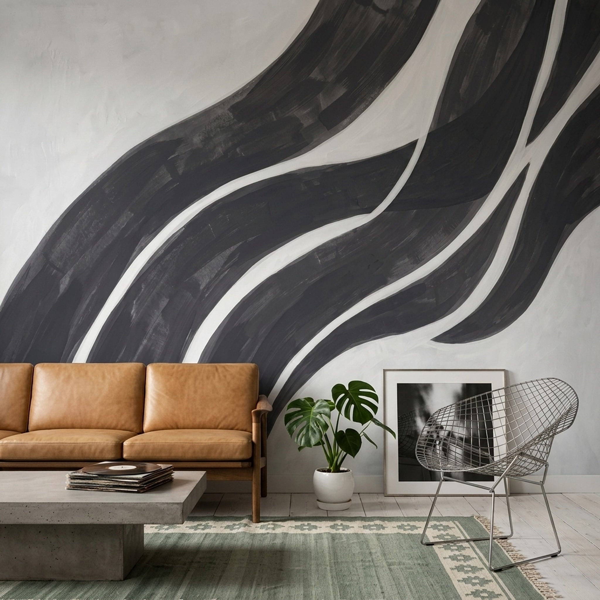 Siyah Beyaz Dalgalı Çizgili Poster Duvar Kağıdı Modern Salon