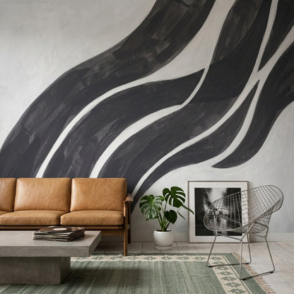Siyah Beyaz Dalgalı Çizgili Poster Duvar Kağıdı Modern Salon
