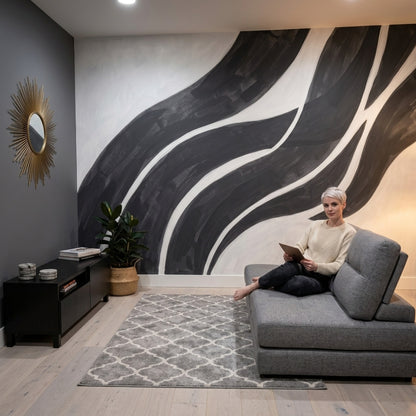 Siyah Beyaz Dalgalı Çizgili Poster Duvar Kağıdı Modern Salon