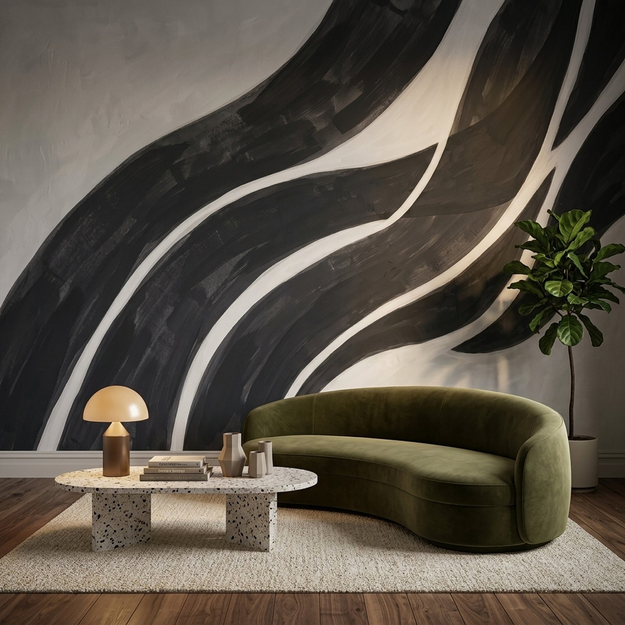 Siyah Beyaz Dalgalı Çizgili Poster Duvar Kağıdı Modern Salon