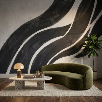 Siyah Beyaz Dalgalı Çizgili Poster Duvar Kağıdı Modern Salon
