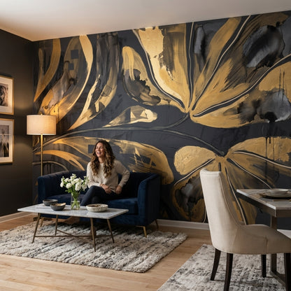 Altın Siyah Soyut Yaprak Poster Duvar Kağıdı Salon Duvarı