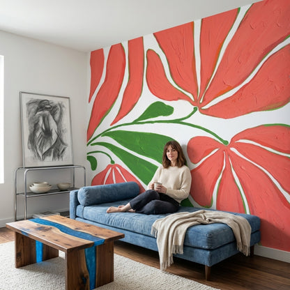 Kırmızı Büyük Çiçekli Poster Duvar Kağıdı Modern Salon