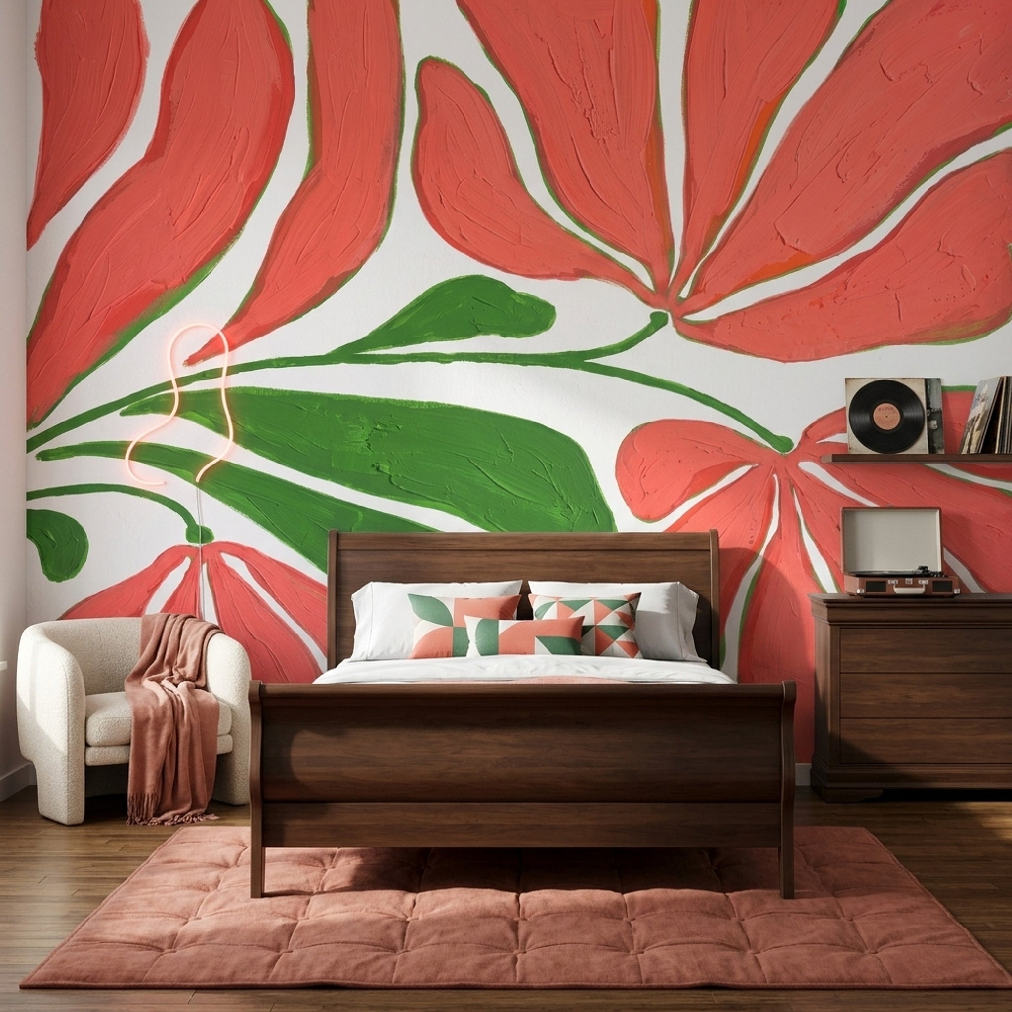 Kırmızı Büyük Çiçekli Poster Duvar Kağıdı Modern Salon