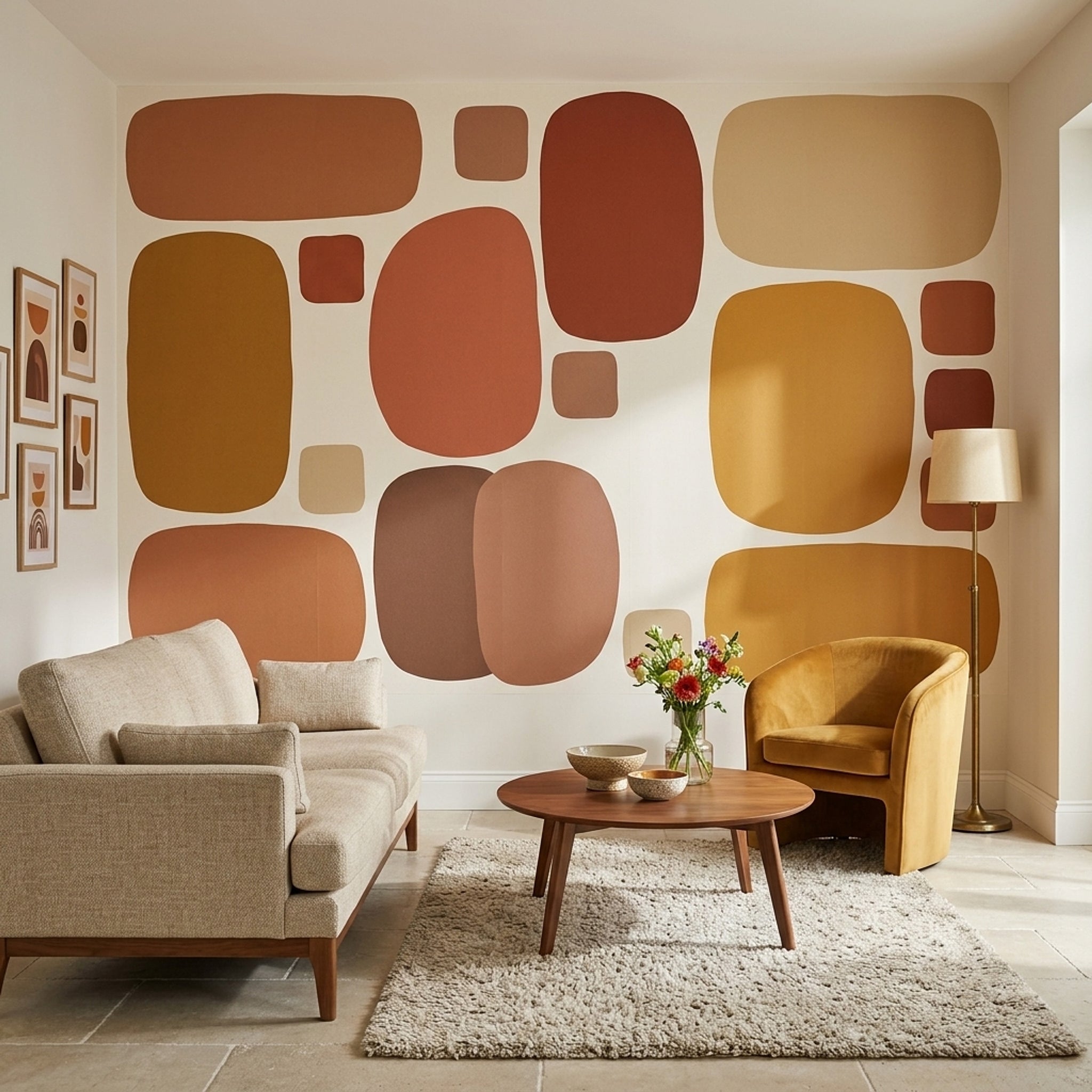 Renkli Geometrik Poster Duvar Kağıdı Terracotta Hardal Salon